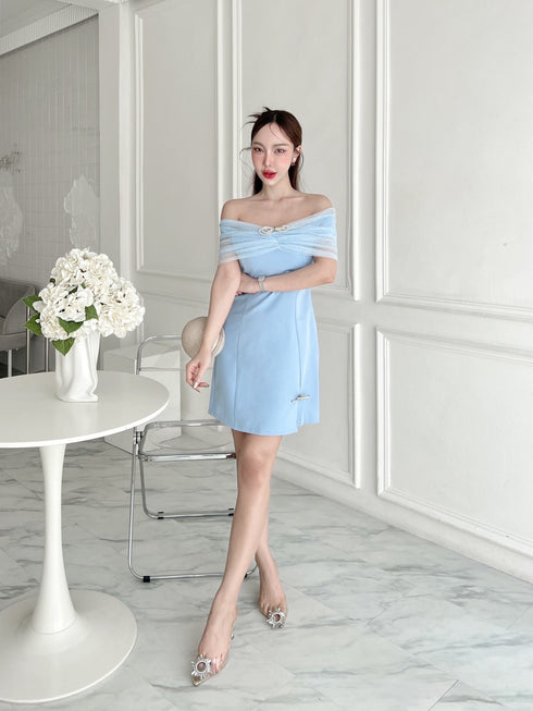 SIRINNN Mesh Off Shoulder Side Slit Mini Dresses